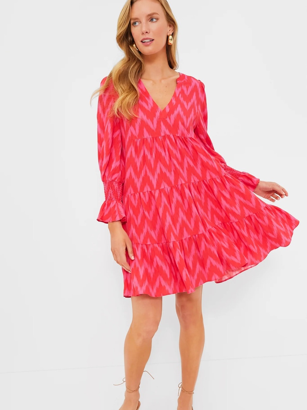 Pomander Place Hot Pink Ikat Patterned Tiered V-Neck Mini Dress
